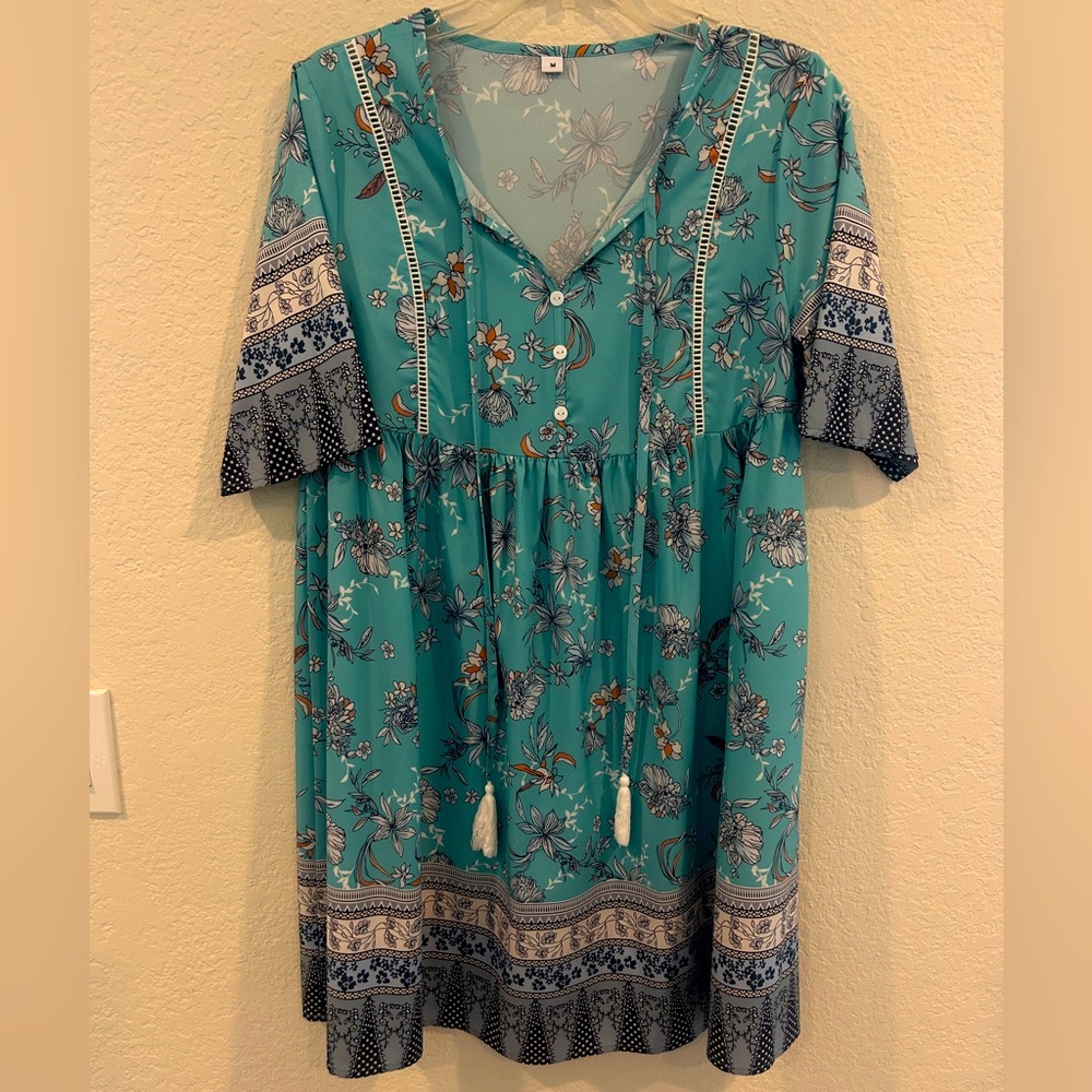 Floral Teal Boho Short Dress